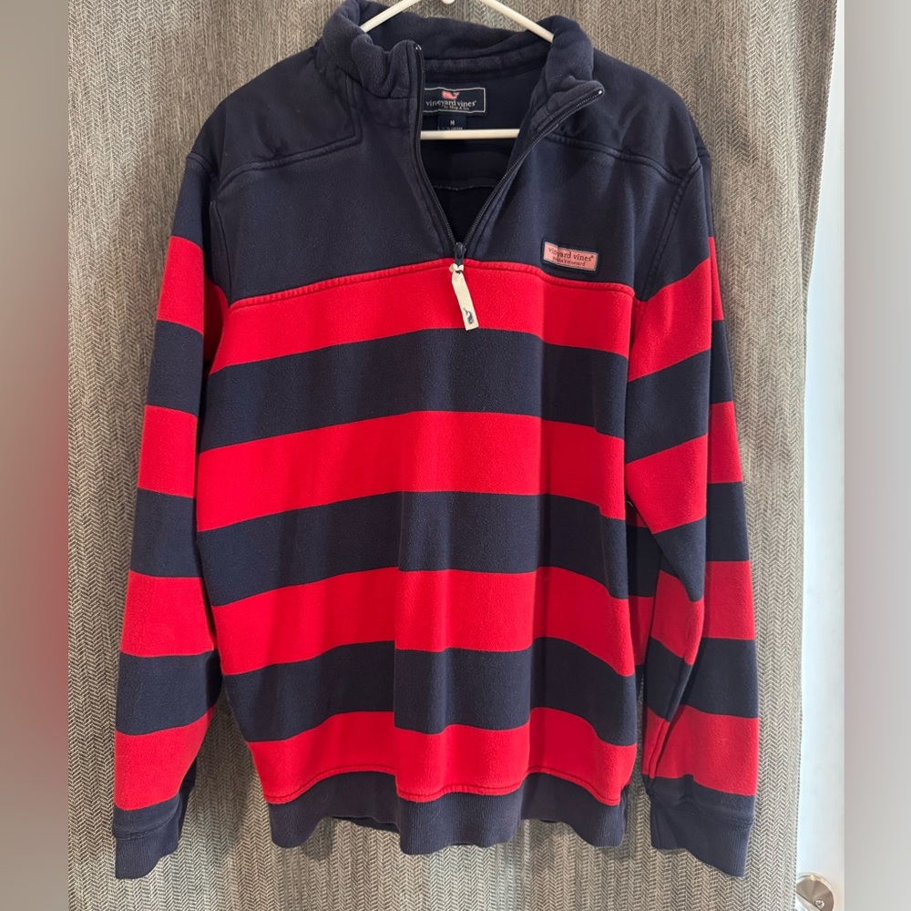 Vineyard Vines Men's Red and Navy Striped Quarter Zip Sweater